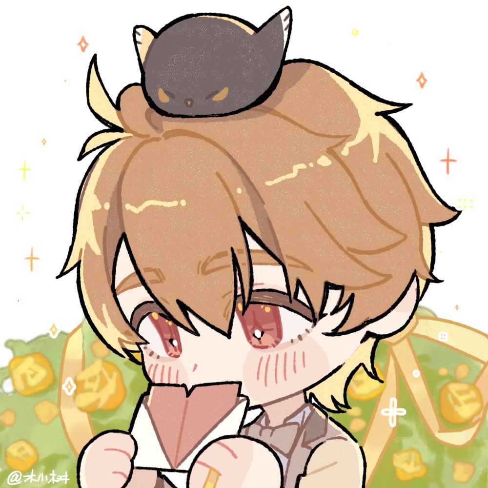 littletreeee, luke pearce (tears of themis), tears of themis, commentary request, 1boy, animal, animal on head, bird, blush stickers, bow, bowtie, brown bow, brown bowtie, brown eyes, brown hair, brown vest, chibi, cross-shaped pupils, envelope, flower, hair between eyes, holding, holding envelope, jewelry, long sleeves, male focus, on head, ring, rose, shirt, solo, symbol-shaped pupils, upper body, vest, white background, white shirt, yellow flower, yellow rose
