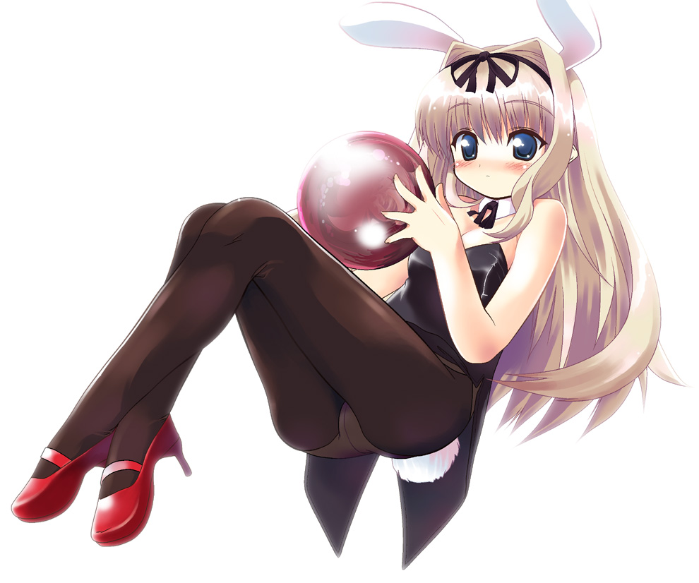 quadri lateral, kusugawa sasara, to heart (series), to heart 2, 00s, 1girl, animal ears, ball, blush, bow, bowtie, detached collar, fake animal ears, female focus, high heels, leotard, long hair, pantyhose, playboy bunny, rabbit ears, rabbit tail, ribbon, simple background, solo, tail, white background