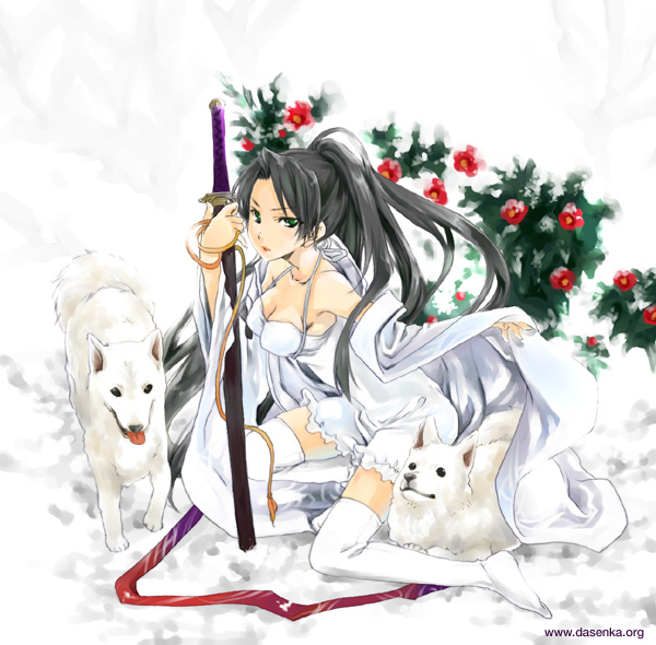 kurafuji sachi, original, 1girl, black hair, dog, dress, female focus, katana, ponytail, solo, sword, thighhighs, weapon