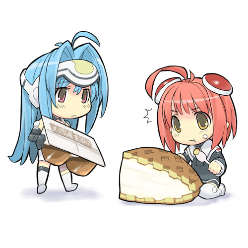 kizaki, kos-mos, momo mizrahi, xenosaga, xenosaga episode i, lowres, translated, 00s, 2girls, blue hair, cake, chibi, chibi only, food, hair ornament, hairclip, helmet, multiple girls, pastry, pink hair, red eyes, thighhighs, yellow eyes