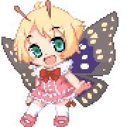 lisula, shimon (shimotsuma), shimotsuma, lowres, 1girl, antennae, blonde hair, chibi, chibi only, fairy, female focus, full body, mary janes, pink shoes, pixel art, shoes, solo, transparent background, wings