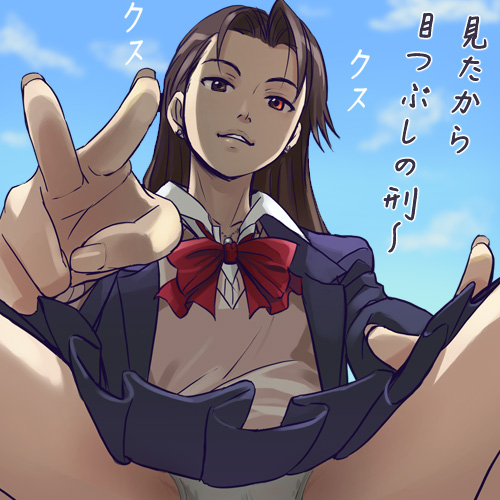 haruyama kazunori, jahana mao, blood+, lowres, translated, 00s, 1girl, blazer, bow, bowtie, brown eyes, brown hair, day, dress shirt, earrings, female focus, from below, jacket, jewelry, long hair, looking at viewer, looking down, panties, pantyshot, pleated skirt, pov, school uniform, shirt, skirt, sky, solo, spread legs, squatting, sweater vest, underwear, upskirt, v, vest, white panties