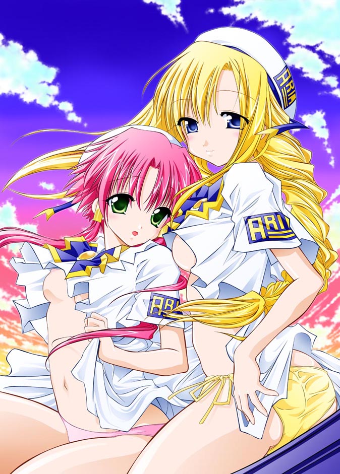 200x zoom, alicia florence, mizunashi akari, aria (manga), 00s, 2girls, beret, blonde hair, blouse, blue eyes, blush, bow, braid, breasts, cover image, green eyes, hat, long hair, medium breasts, multiple girls, navel, open clothes, open shirt, panties, pink hair, pink panties, school uniform, serafuku, shirt, side-tie panties, single braid, sitting, underboob, underwear, undressing, white shirt, yellow panties