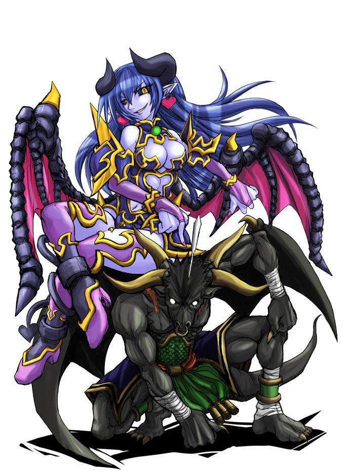 kobayashi tetsuya, astaroth (shinrabanshou), gyuuki (shinrabanshou), kyuuki, shinrabanshou, purple footwear, 1girl, black sclera, blue skin, boots, breasts, cleavage, colored sclera, colored skin, demon, demon girl, earrings, heart, heart earrings, horns, jewelry, large breasts, thigh boots, thighhighs, white background, wings