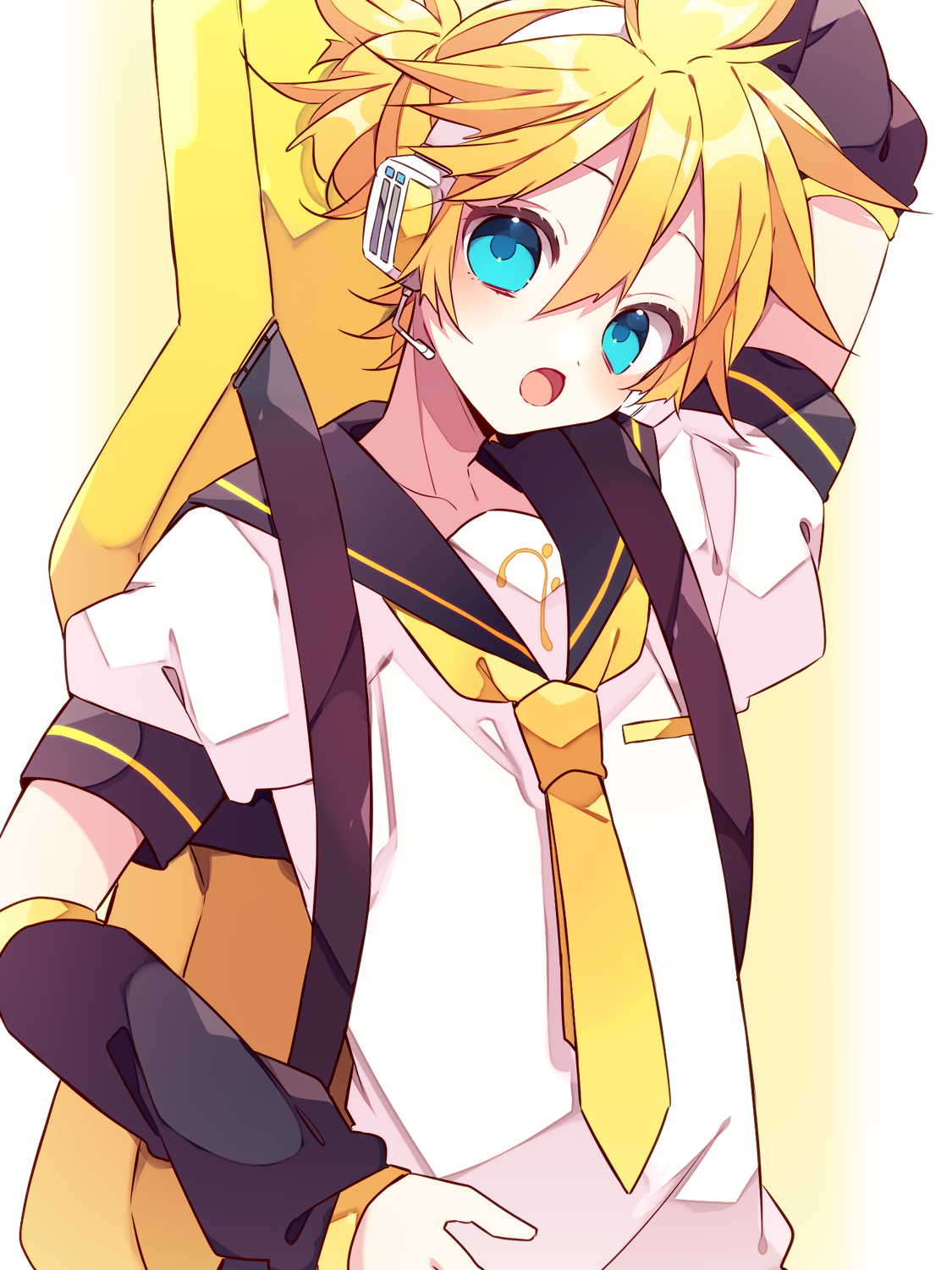 kaho 0102, kagamine len, vocaloid, commentary request, highres, 1boy, arm up, arm warmers, bass clef, black sailor collar, blonde hair, blue eyes, blush, double-parted bangs, guitar case, hair between eyes, headset, instrument case, looking at viewer, male focus, necktie, open mouth, sailor collar, shirt, short hair, short sleeves, solo, upper body, white shirt, yellow necktie