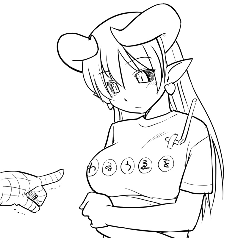 hinemosu notari, astaroth (shinrabanshou), futaba channel, pythagoras switch, shinrabanshou, 1girl, black sclera, clothes writing, colored sclera, drinking straw, earrings, female focus, greyscale, heart, heart earrings, horns, jewelry, long hair, monochrome, oto-san switch, pointy ears, shirt, solo, t-shirt