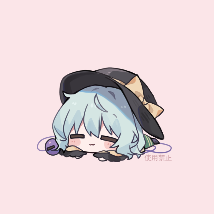 pudding (skymint 028), komeiji koishi, touhou, commentary, commission, 1girl, :3, = =, black hat, bow, chibi, chibi only, closed mouth, full body, green hair, green skirt, hat, hat bow, lying, on stomach, pink background, shirt, skirt, solo, third eye, watermark, yellow bow, yellow shirt