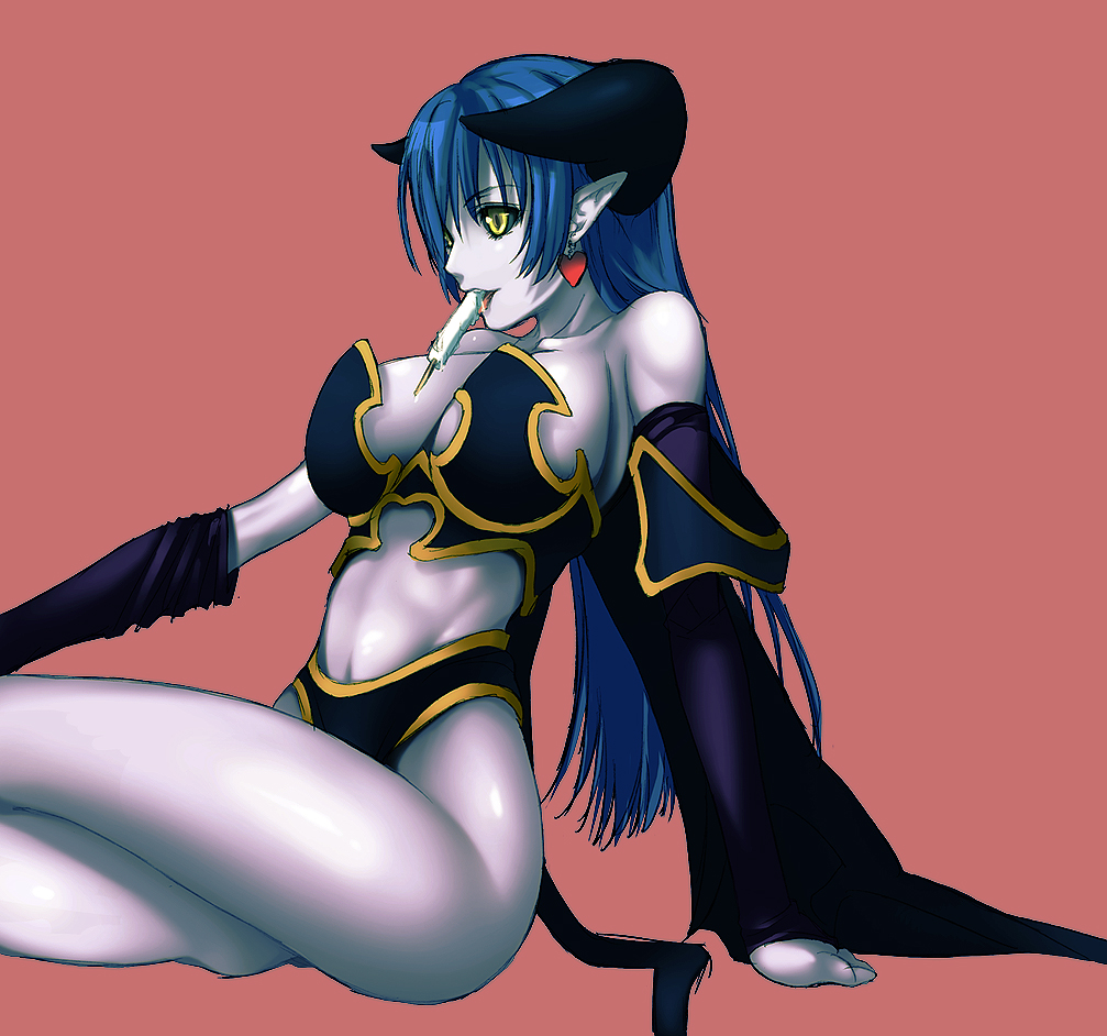 puyo (puyotopia), astaroth (shinrabanshou), shinrabanshou, 1girl, black sclera, blue skin, colored sclera, colored skin, earrings, female focus, food, heart, heart earrings, horns, jewelry, pointy ears, popsicle, solo, tail, yellow eyes