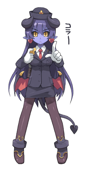 astaroth (shinrabanshou), shinrabanshou, 1girl, black sclera, blue skin, colored sclera, colored skin, cosplay, earrings, female focus, heart, heart earrings, jewelry, pantyhose, pencil skirt, police, skirt, solo