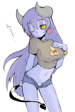 astaroth (shinrabanshou), shinrabanshou, lowres, 1girl, black sclera, blue hair, blue skin, clothes writing, colored sclera, colored skin, earrings, heart, heart earrings, horns, jewelry, penis, penis ornament, penis ribbon, ribbon, shirt, short shorts, shorts, solo, t-shirt, tail, yellow eyes