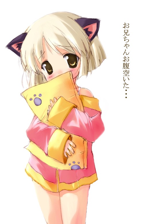 artist request, translation request, 1girl, animal ears, blonde hair, blush, cat ears, child, female focus, looking at viewer, pajamas, paw print, pillow, short hair, simple background, solo, standing, straight hair, white background, yellow eyes