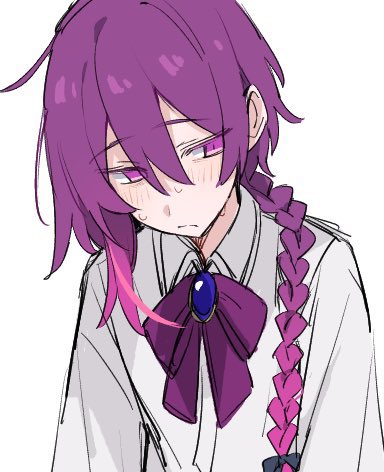 azuma shino, 1girl, androgynous, bow, braid, dress, jewelry, looking to the side, nia (azuma shino), purple dress, purple hair, ribbon, shirt, sketch, solo focus, sweat, tomboy, white hair, white shirt