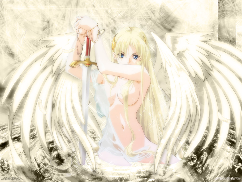 rin-sin, sharon (words worth), words worth, 1girl, angel, armpits, blonde hair, bloom, blue eyes, bracelet, breasts, crescent, crescent hair ornament, female focus, hair ornament, hair over breasts, hair over one breast, jewelry, kneeling, long hair, multiple wings, nude, seraph, solo, sword, very long hair, weapon, wings