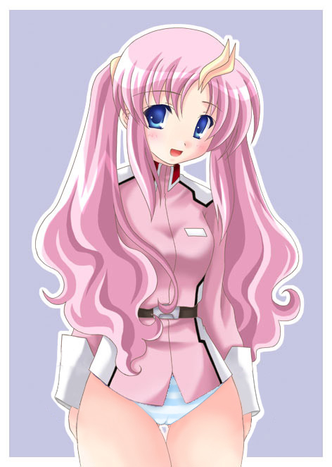 gundam, gundam seed, 00s, 1girl, blue eyes, blue panties, blush, bottomless, cosplay, female focus, hair ornament, lacus clyne (cosplay), long hair, military, military uniform, no pants, panties, pink hair, solo, standing, stipes, striped clothes, striped panties, thigh gap, thighs, twintails, underwear