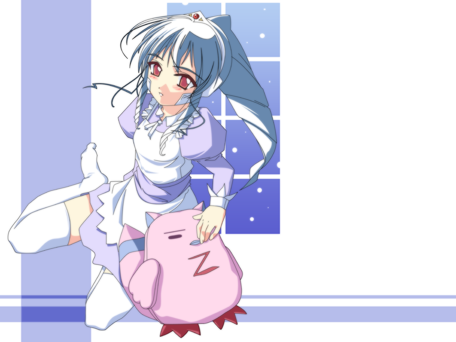 normad, vanilla h, broccoli (company), galaxy angel, highres, non-web source, 00s, 1girl, apron, bandaid, blush, dress, female focus, full moon, green hair, long sleeves, looking at viewer, moon, puffy long sleeves, puffy sleeves, purple dress, red eyes, solo, stuffed animal, stuffed toy, thighhighs, tiara, white thighhighs