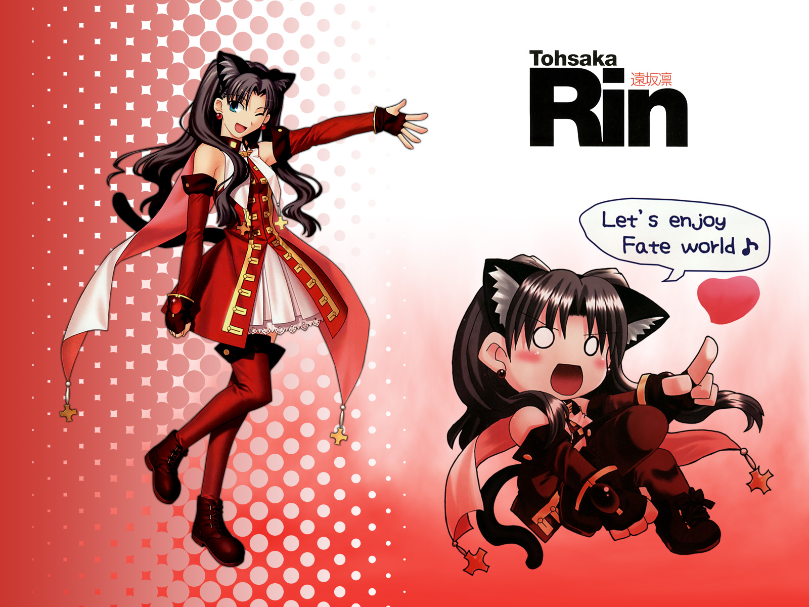 takeuchi takashi, kaleido ruby, tohsaka rin, toosaka rin, fate/stay night, fate (series), highres, 00s, 1girl, animal ears, black hair, blue eyes, cat ears, chibi, english text, engrish text, heart, multiple views, one eye closed, ranguage, thighhighs, two side up, wink