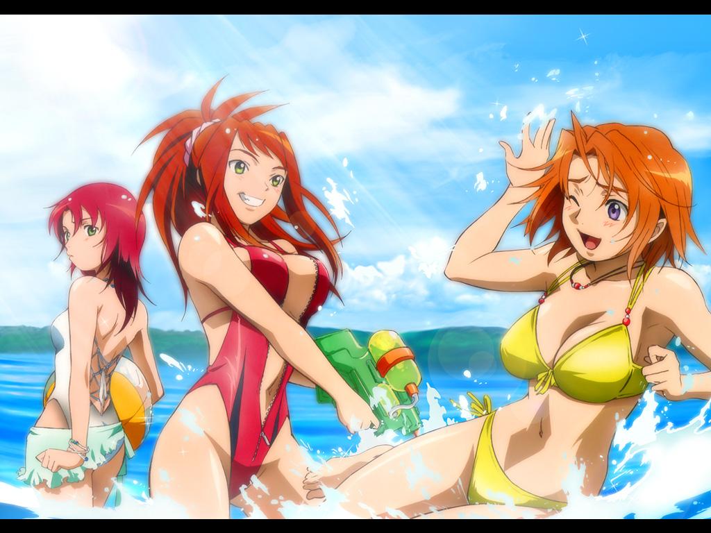 sugiura midori, tokiha mai, yuuki nao, my-hime, official art, official wallpaper, 00s, 3girls, beach, bikini, breasts, cleavage, day, front zipper swimsuit (realise), large breasts, letterboxed, multiple girls, one-piece swimsuit, outdoors, small breasts, swimsuit, water gun