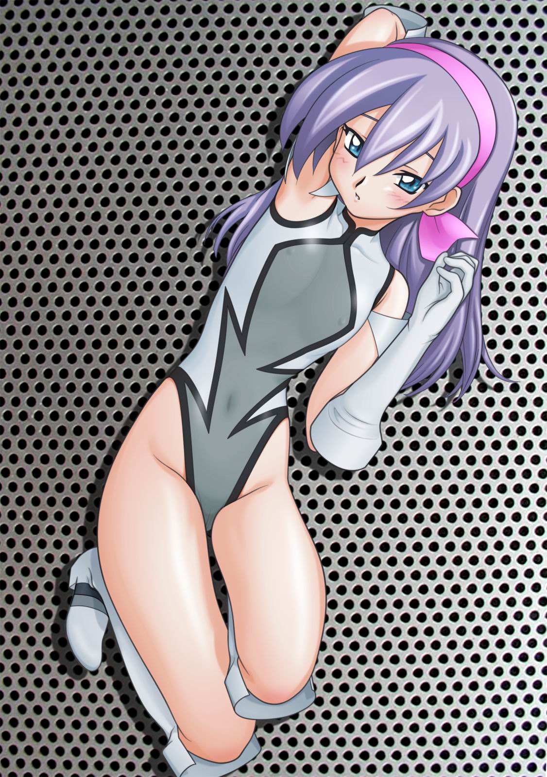 lou roux, shinkon gattai godannar!!, light purple hair, highres, 00s, 1girl, blue eyes, boots, bow, cameltoe, covered erect nipples, female focus, flat chest, gloves, hair bow, leotard, lying, nipples, pink bow, solo