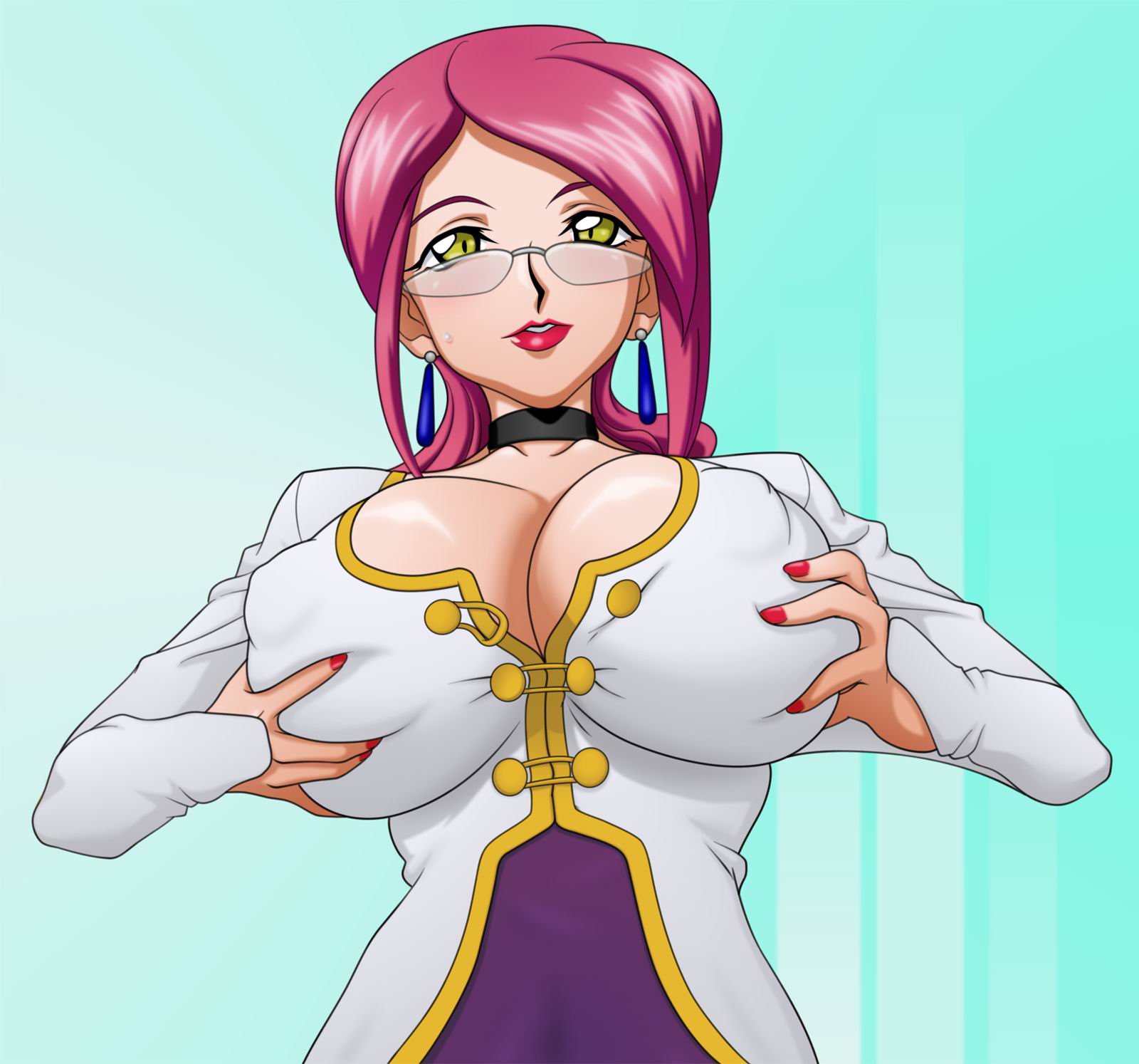 ta152 (graf zeppelin), aoi kiriko, shinkon gattai godannar!!, highres, jpeg artifacts, 00s, 1girl, breasts, breasts squeezed together, choker, cleavage, cleavage cutout, clothing cutout, earrings, female focus, glasses, grabbing another's breast, groping, huge breasts, jewelry, large breasts, lipstick, long hair, makeup, mature female, nail polish, red hair, solo, sweatdrop, yellow eyes