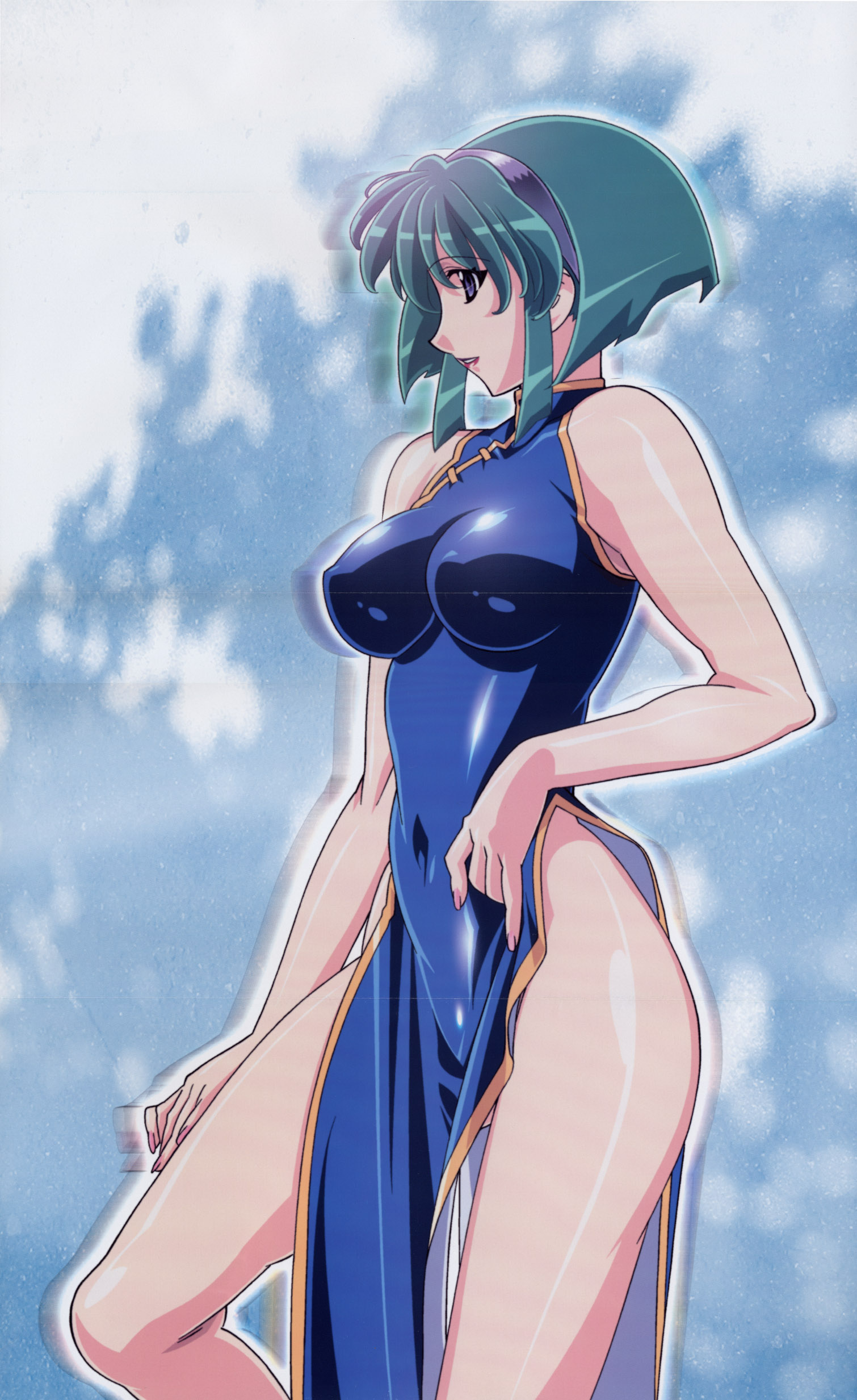 kuroda kazuya, barnette orangello, vandread, absurdres, highres, 00s, 1girl, bare shoulders, black eyes, blue dress, blue eyes, breasts, china dress, chinese clothes, dress, female focus, green hair, large breasts, lipstick, makeup, nail polish, navel, profile, purple eyes, short hair, smile, solo, standing, thighhighs