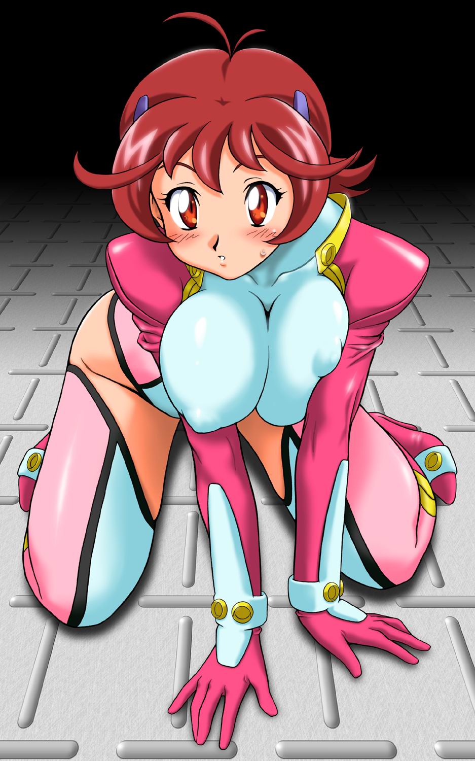 ta152 (graf zeppelin), aoi anna, shinkon gattai godannar!!, highres, jpeg artifacts, 00s, 1girl, antenna hair, blush, boots, breasts, breasts squeezed together, brown eyes, female focus, huge breasts, kneeling, pink boots, red hair, short hair, solo, sweatdrop