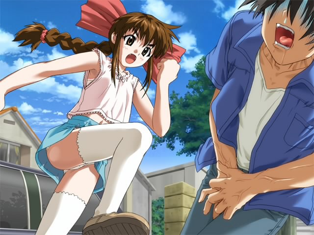 nekonyan, mitsurugi tamao, v.g. re-birth, variable geo, game cg, 1boy, 1girl, angry, armpits, ball busting, bdsm, black hair, blue sky, blush, bow, bra, braid, brown eyes, brown hair, cbt, clenched hand, cloud, crotch grab, crotch kick, day, faceless, faceless male, fangs, flat chest, hair bow, kicking, lace, leg lift, lingerie, long hair, midriff, miniskirt, navel, open mouth, outdoors, pain, panties, pantyshot, ribbon, saliva, shirt, shoes, single braid, skirt, sky, sleeveless, sleeveless shirt, thighhighs, tongue, underwear, upskirt, veins, white panties, white thighhighs, zettai ryouiki, | | |