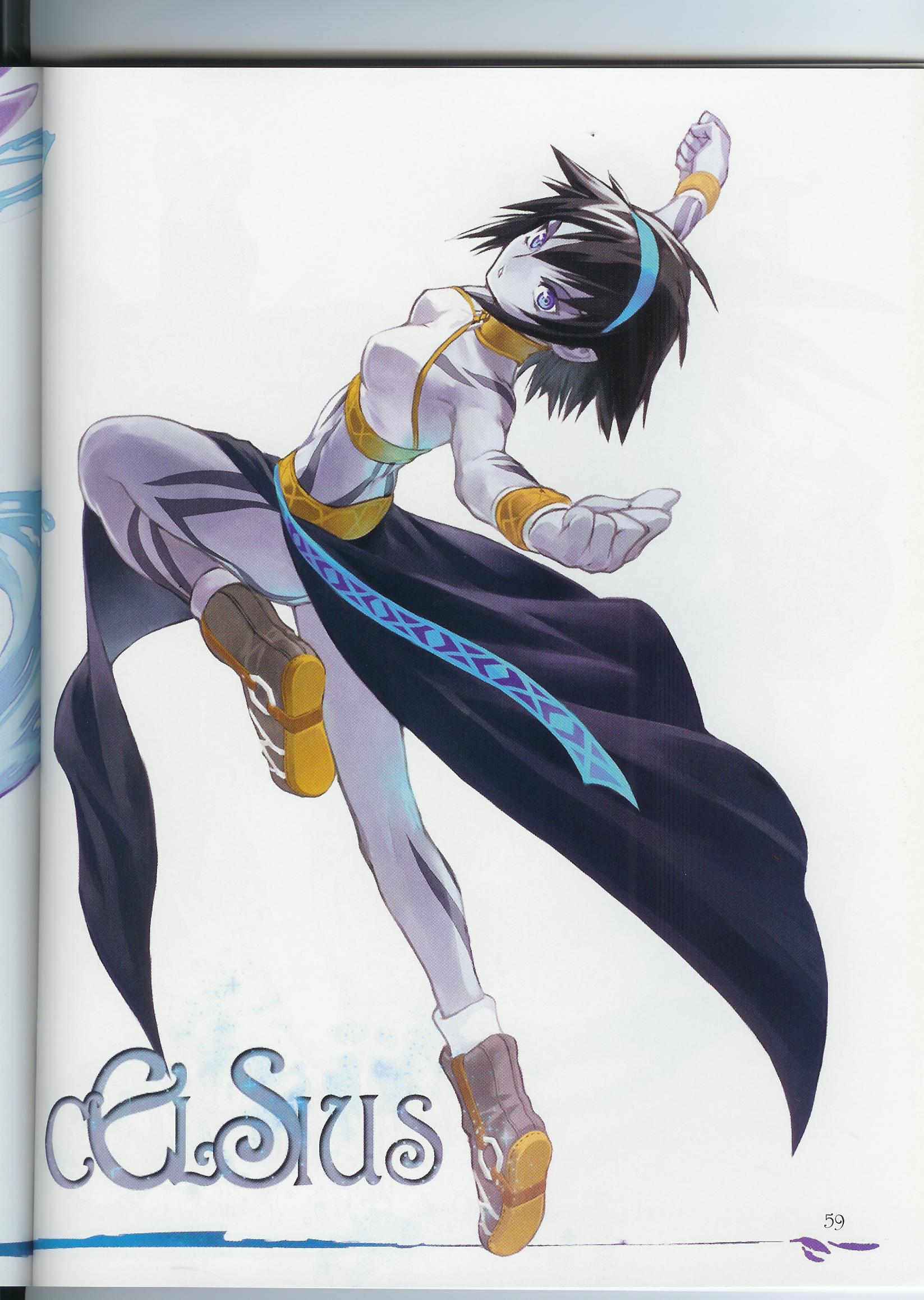 fujishima kousuke, celsius, celsius (tales), tales of (series), tales of symphonia, highres, official art, scan, 00s, 1girl, backless outfit, bare arms, bare legs, bare shoulders, black hair, black sarong, blue eyes, blue hairband, blue skin, character name, clenched hands, collar, colored skin, female focus, fighting stance, full body, grey skin, hairband, leg up, legs, looking at viewer, looking back, midriff, outstretched arms, page number, sarong, serious, shoes, short hair, simple background, solo, tattoo, white background, wristband