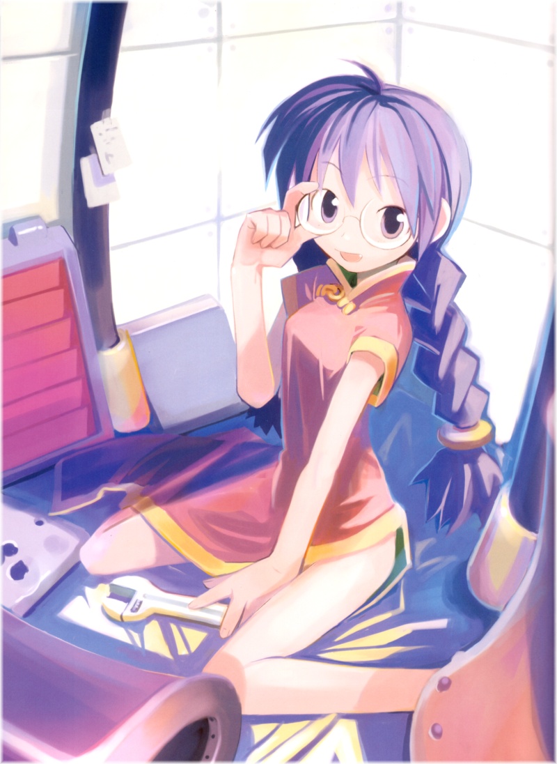 harada takehito, ri kouran, sakura taisen, 00s, 1girl, braid, china dress, chinese clothes, dress, female focus, glasses, long hair, purple eyes, purple hair, solo, twin braids, twintails, wrench