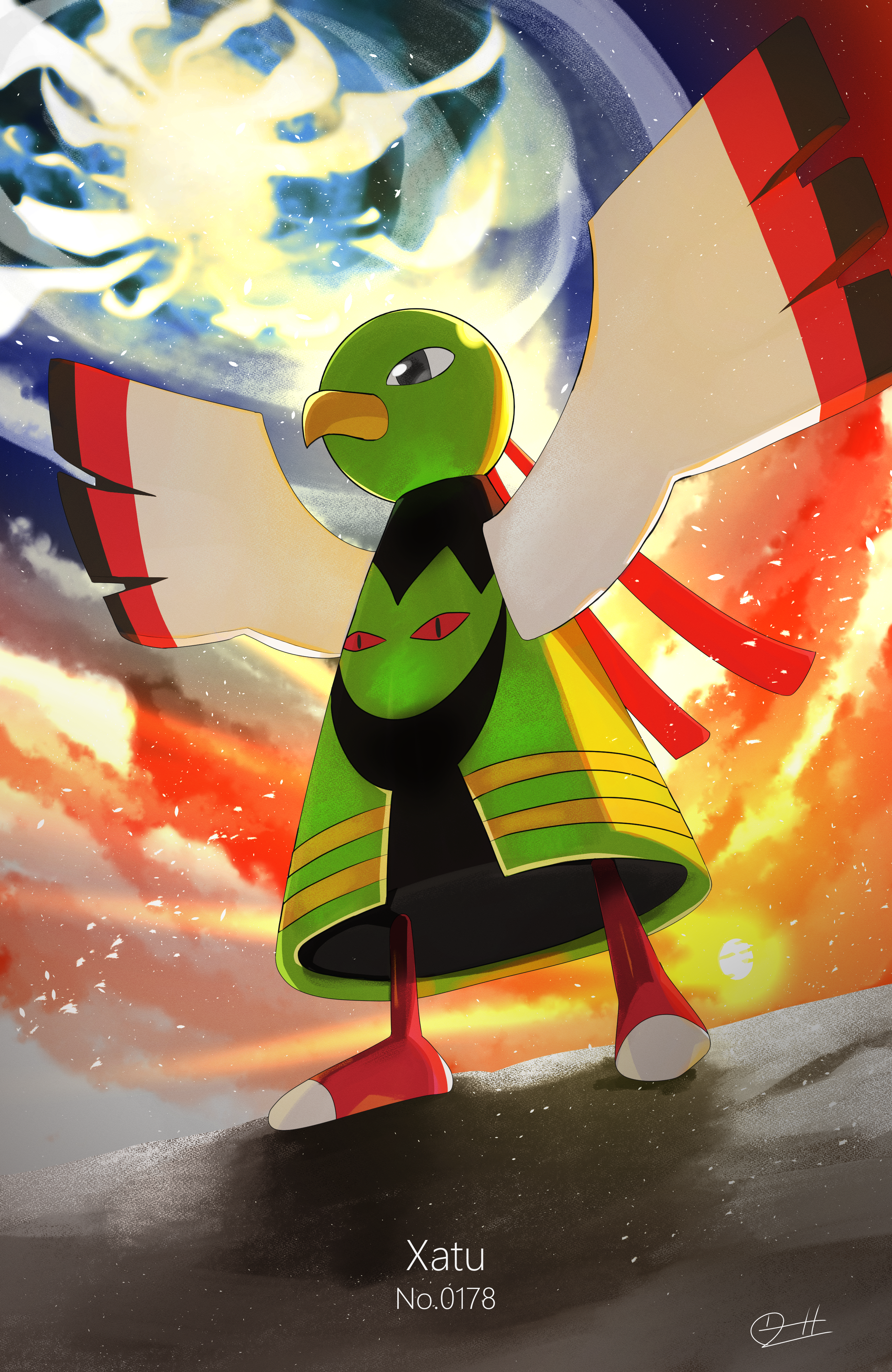 zeroartwo, xatu, nintendo, pokemon, absurdres, commentary request, highres, black eyes, character name, cloud, from below, gen 2 pokemon, no humans, pokedex number, pokemon (creature), pokemon focus, signature, sky, solo, standing, twilight