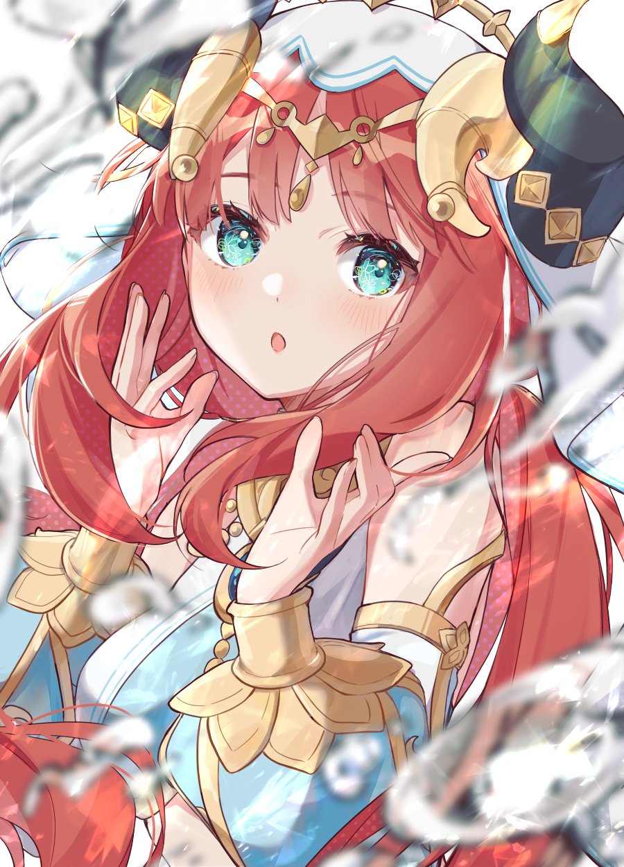 puchimu, nilou (genshin impact), genshin impact, commentary request, highres, partial commentary, 1girl, :o, aqua eyes, blurry, blurry foreground, blush, bracer, circlet, detached sleeves, fake horns, hand in own hair, hands up, horns, long hair, long sleeves, looking at viewer, parted bangs, parted lips, puffy long sleeves, puffy sleeves, red hair, sidelocks, simple background, solo, upper body, veil, water, white background