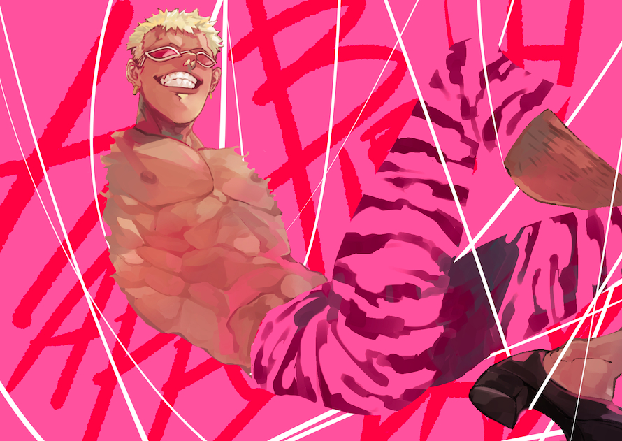 donquixote doflamingo, one piece, 1boy, blonde hair, capri pants, cropped arms, earrings, english text, grin, happy birthday, jewelry, kanchong, large pectorals, leg hair, male focus, muscular, muscular male, pants, pectorals, pink background, pink pants, short hair, smile, sunglasses, thread
