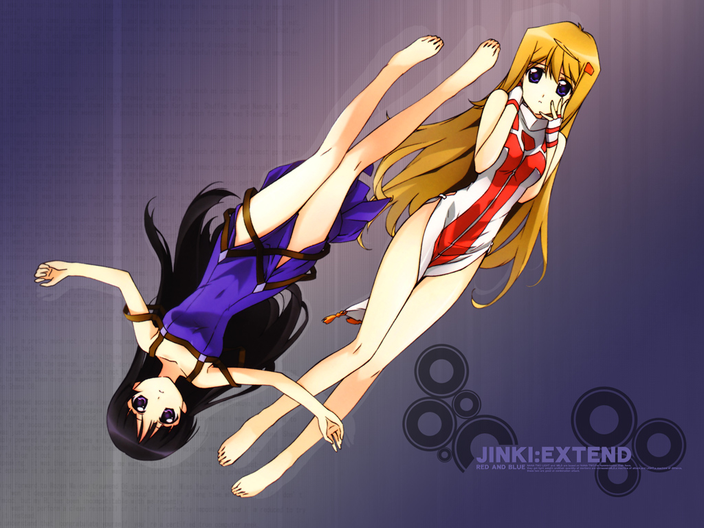 tsunashima shirou, hiiragi akao, tsuzaki aoba, jinki, 00s, 2girls, barefoot, black hair, blonde hair, copyright name, feet, hand on own face, hime cut, legs, looking at viewer, lying, multiple girls, outstretched arms, spread arms