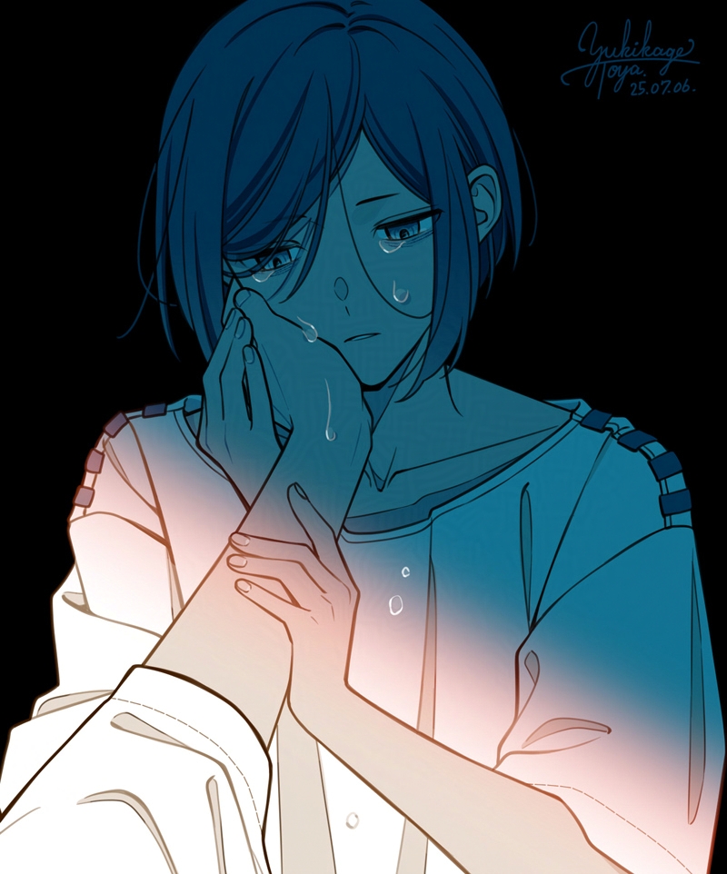 toshi densetsu kaitai center, spoilers, 1girl, 1other, black background, blue hair, crying, crying with eyes open, dated, hair between eyes, hand on another's cheek, hand on another's face, holding another's arm, kiri (fog kai), kisaragi ayumi, looking down, parted lips, shirt, short hair, signature, solo focus, tears, upper body