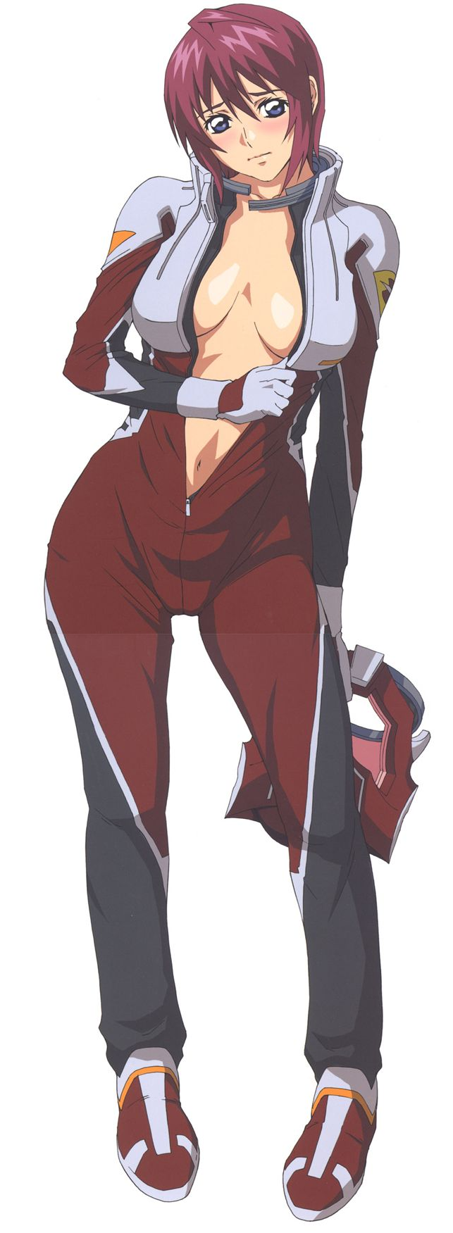 amano ameno, lunamaria hawke, gundam, gundam seed, gundam seed destiny, pilot suit, highres, stitched, third-party edit, 00s, 1girl, ahoge, blue eyes, blush, bodysuit, breasts, cleavage, embarrassed, female focus, helmet, large breasts, no bra, open clothes, open shirt, pink hair, shirt, short hair, simple background, solo, standing, undressing, unzipped, zipper