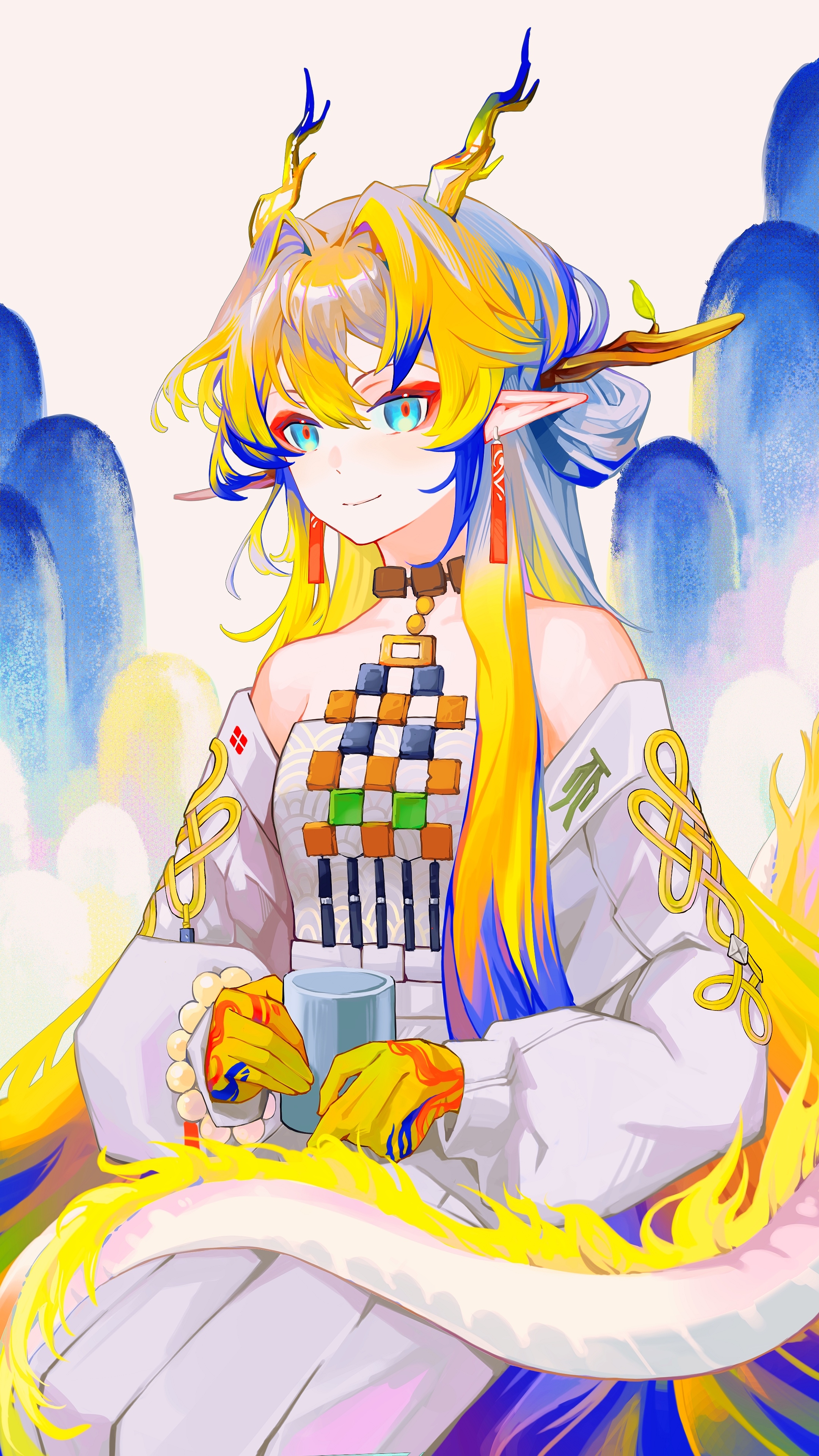 shu (arknights), arknights, absurdres, chinese commentary, commentary request, highres, 1girl, bare shoulders, beads, blonde hair, blue eyes, blue hair, closed mouth, colored extremities, cowboy shot, dragon girl, dragon horns, dragon tail, drink, earrings, eyeliner, grey hair, hair between eyes, hair intakes, holding, holding drink, horns, jacket, jewelry, long hair, long sleeves, looking at viewer, makeup, multicolored hair, necklace, off shoulder, pointy ears, red eyeliner, seigaiha, sitting, smile, solo, strapless, tail, tube top, very long hair, white jacket, white tube top, yishihui143 (kari)