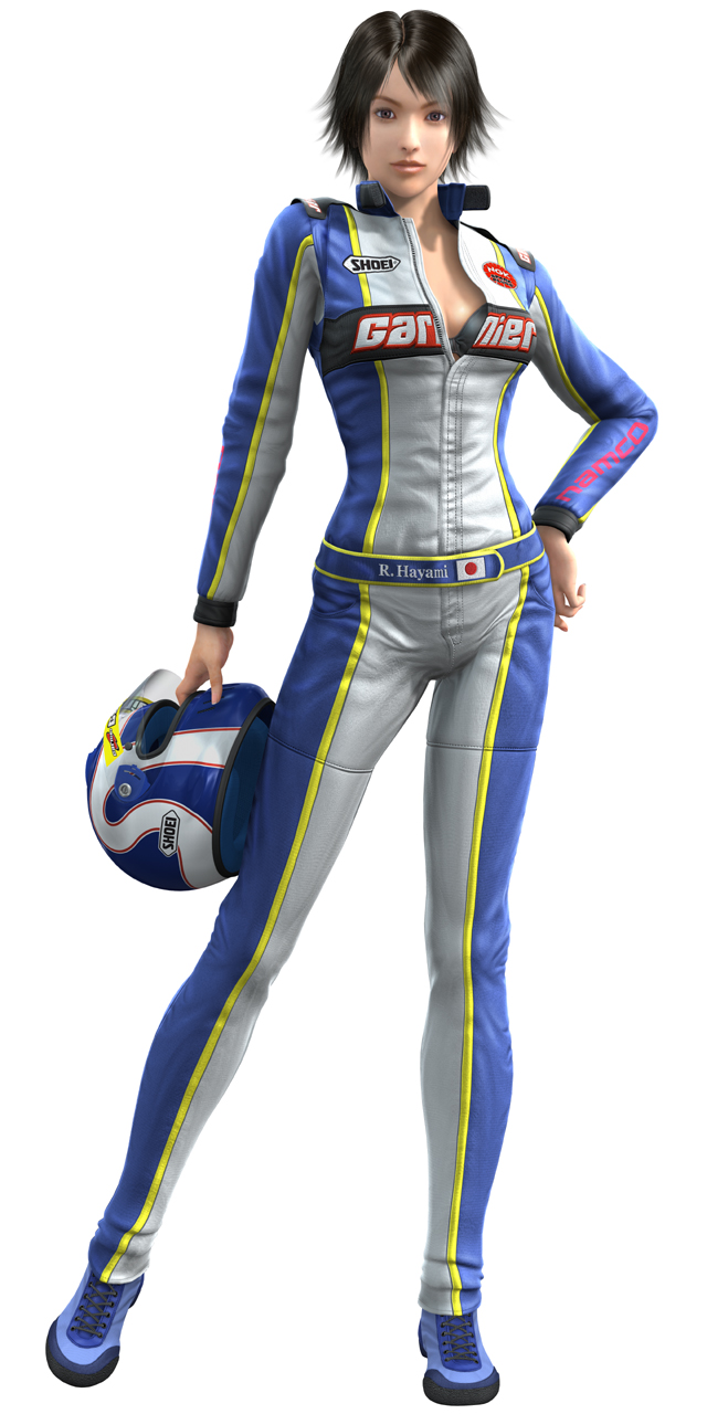 hayami rena, hayami ryoko, rena hayami, namco, r: racing evolution, ridge racer, highres, 1girl, 3d, biker clothes, bikesuit, black bra, black hair, bodysuit, bra, female focus, full body, hand on own hip, helmet, hip focus, japan, leather, lingerie, logo, open clothes, open shirt, shirt, short hair, simple background, solo, standing, underwear, unzipped