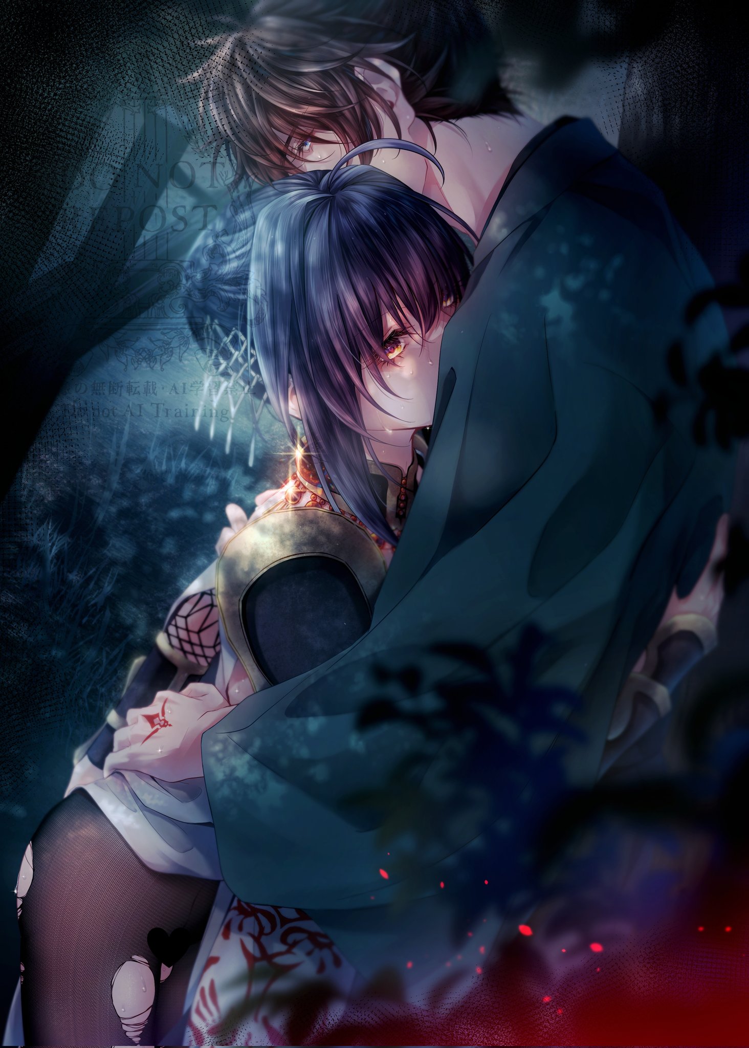 kagami 53, miyamoto iori (fate), yamato takeru (fate), yamato takeru (phantasmal dress) (fate), fate/samurai remnant, fate (series), feminization, highres, 1boy, 1other, ahoge, arm guards, black hair, black pantyhose, blue eyes, blue kimono, braid, braided bun, command spell, dress, earrings, hair bun, hug, japanese clothes, jewelry, kimono, magatama, magatama earrings, necklace, official alternate hairstyle, other with male, pantyhose, shoulder guard, sidelocks, sweat, topknot, torn clothes, torn pantyhose, watermark, white dress, yellow eyes