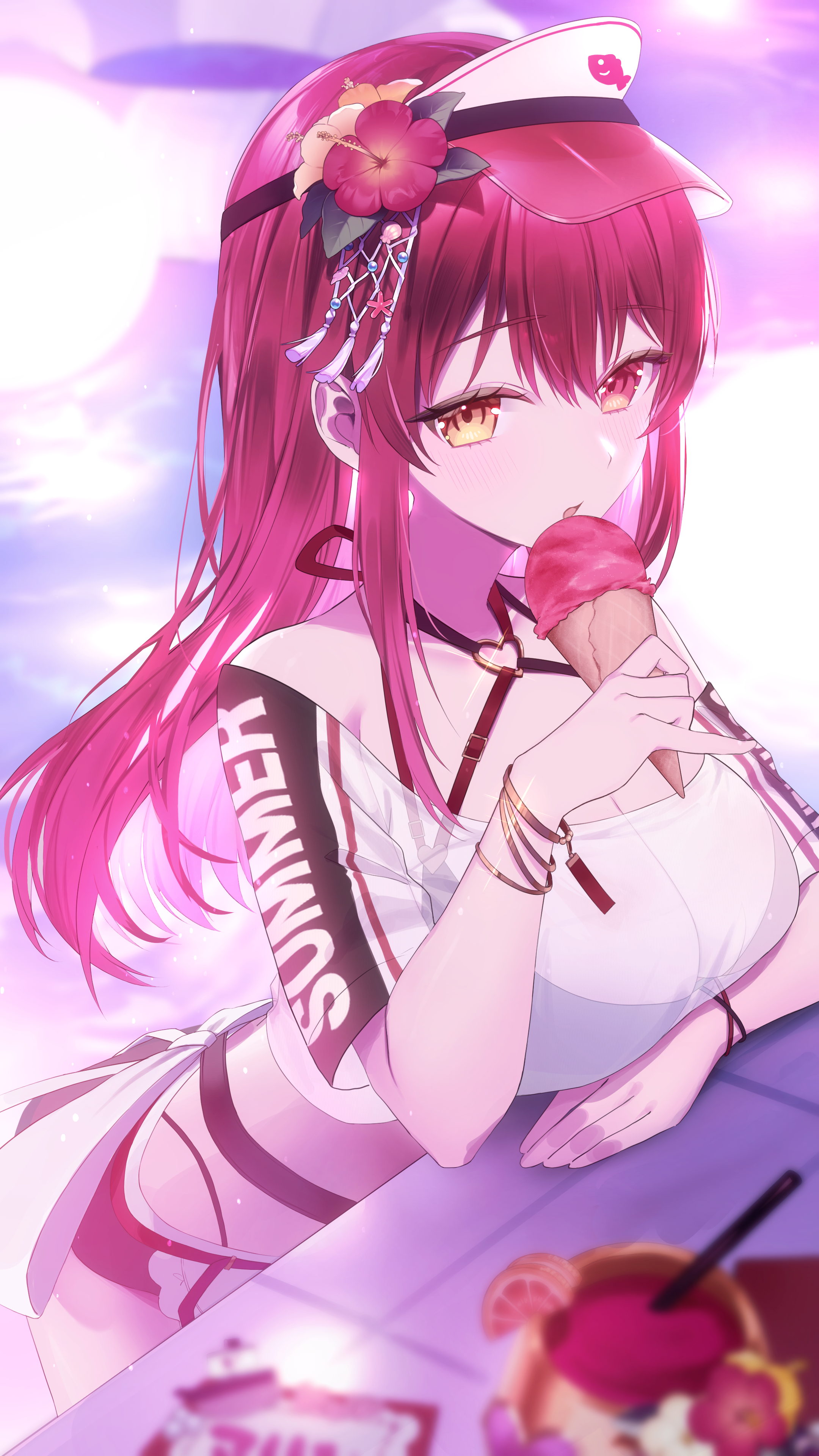 momose momo (100semomo), dokuro-kun (houshou marine), houshou marine, houshou marine (holonatsu paradise), hololive, holonatsu paradise, absurdres, highres, 1girl, bare shoulders, bikini, bikini under shorts, blush, bracelet, breasts, clothes writing, criss-cross halter, drink, flower, food, gold bracelet, hair flower, hair ornament, halterneck, heart, heart o-ring, heterochromia, hibiscus, highleg, highleg bikini, holding, holding food, holding ice cream, ice cream, in water, jewelry, large breasts, long hair, looking at viewer, maid, multi-strapped bikini top, multicolored bikini, multiple bracelets, night, o-ring, open mouth, pool, red flower, red hair, shirt, skull cup, solo, swimsuit, two-tone bikini, unconventional maid, virtual youtuber, visor cap, white shirt