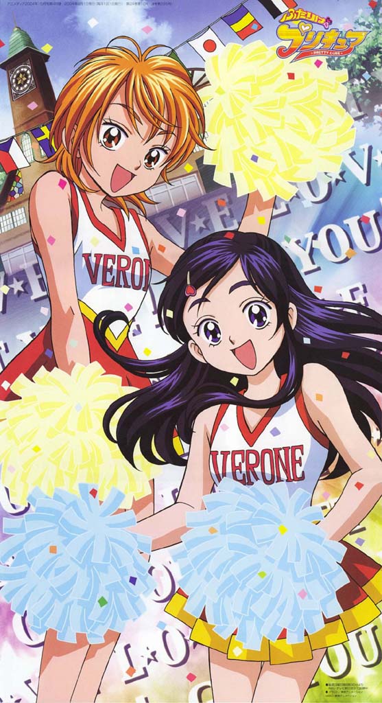 misumi nagisa, yukishiro honoka, futari wa precure, precure, toei company, official art, scan, 00s, 2girls, :d, brown eyes, cheerleader, clothes writing, copyright name, eyelashes, hair ornament, hairclip, long hair, multiple girls, open mouth, orange hair, pom pom (cheerleading), purple eyes, purple hair, short hair, smile