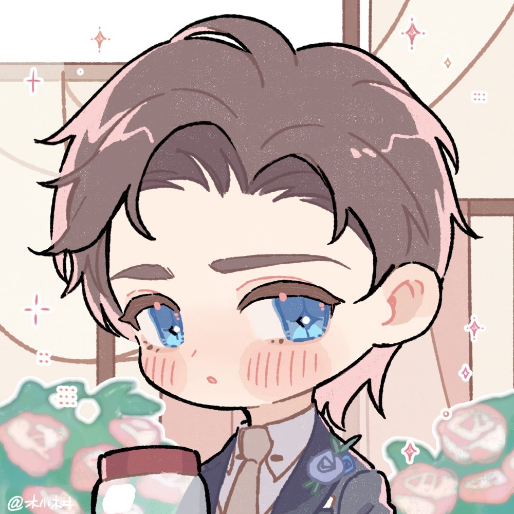 littletreeee, artem wing (tears of themis), tears of themis, 1boy, blue eyes, blush stickers, brown hair, brown necktie, chibi, collared shirt, cross-shaped pupils, flower, grey jacket, jacket, looking at viewer, male focus, necktie, parted lips, pink flower, pink rose, rose, shirt, solo, sparkle, symbol-shaped pupils, thick eyebrows, upper body, white shirt