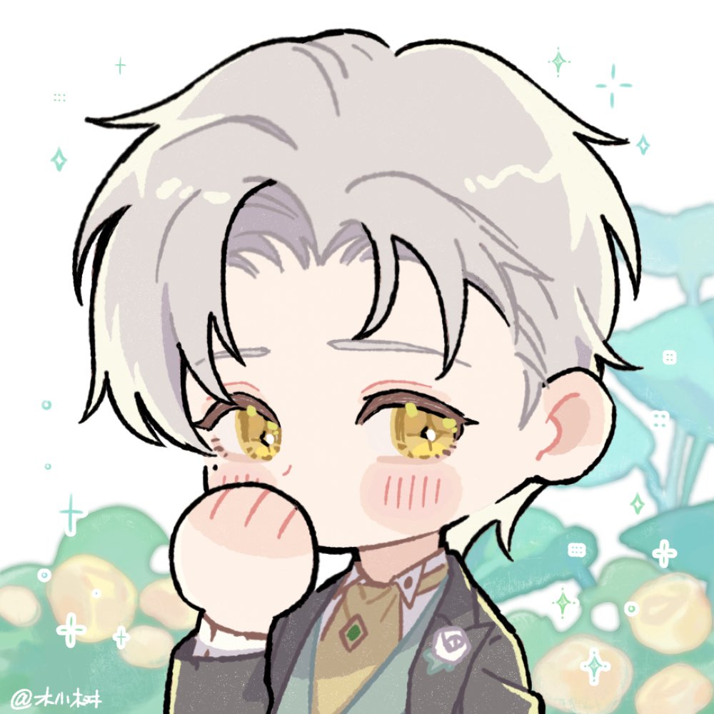 littletreeee, vyn richter (tears of themis), tears of themis, 1boy, blush stickers, chibi, closed mouth, collared shirt, cross-shaped pupils, flower, green vest, grey hair, grey jacket, hand up, jacket, long sleeves, looking at viewer, male focus, open clothes, open jacket, rose, shirt, solo, symbol-shaped pupils, upper body, vest, white background, white shirt, yellow eyes, yellow flower, yellow rose