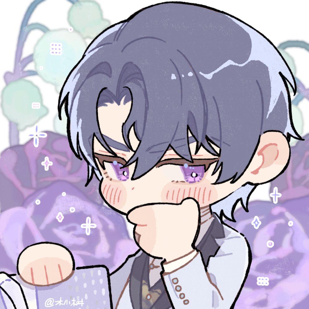 littletreeee, marius von hagen (tears of themis), tears of themis, 1boy, black hair, black shirt, blush stickers, chibi, covered mouth, flower, hair between eyes, hand to own mouth, hand up, holding, jacket, male focus, purple eyes, purple flower, purple rose, rose, shirt, solo, sparkle, thick eyebrows, upper body, white background, white jacket