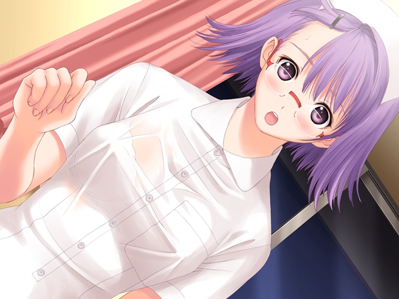 tony taka, kishi youko, after (game), game cg, 00s, 1girl, :o, blush, bra, bra visible through clothes, brachira, dutch angle, female focus, glasses, hair ornament, hairclip, lingerie, nurse, open mouth, pink eyes, purple hair, see-through clothes, shirt, short hair, solo, underwear, wet, wet clothes, wet shirt, window