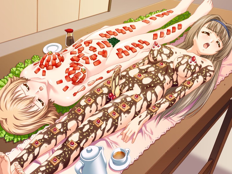 watanabe yoshihiro, aizawa satomi, saeki kana, himitsu seikatsu, game cg, 2girls, banana, barefoot, breasts, brown hair, cherry, chocolate, closed eyes, feet, fish (food), food, food insertion, fruit, green eyes, long hair, multiple girls, naked chocolate, nude, nyotaimori, object insertion, penis, pussy, sashimi, short hair, sushi, tea, toes, what