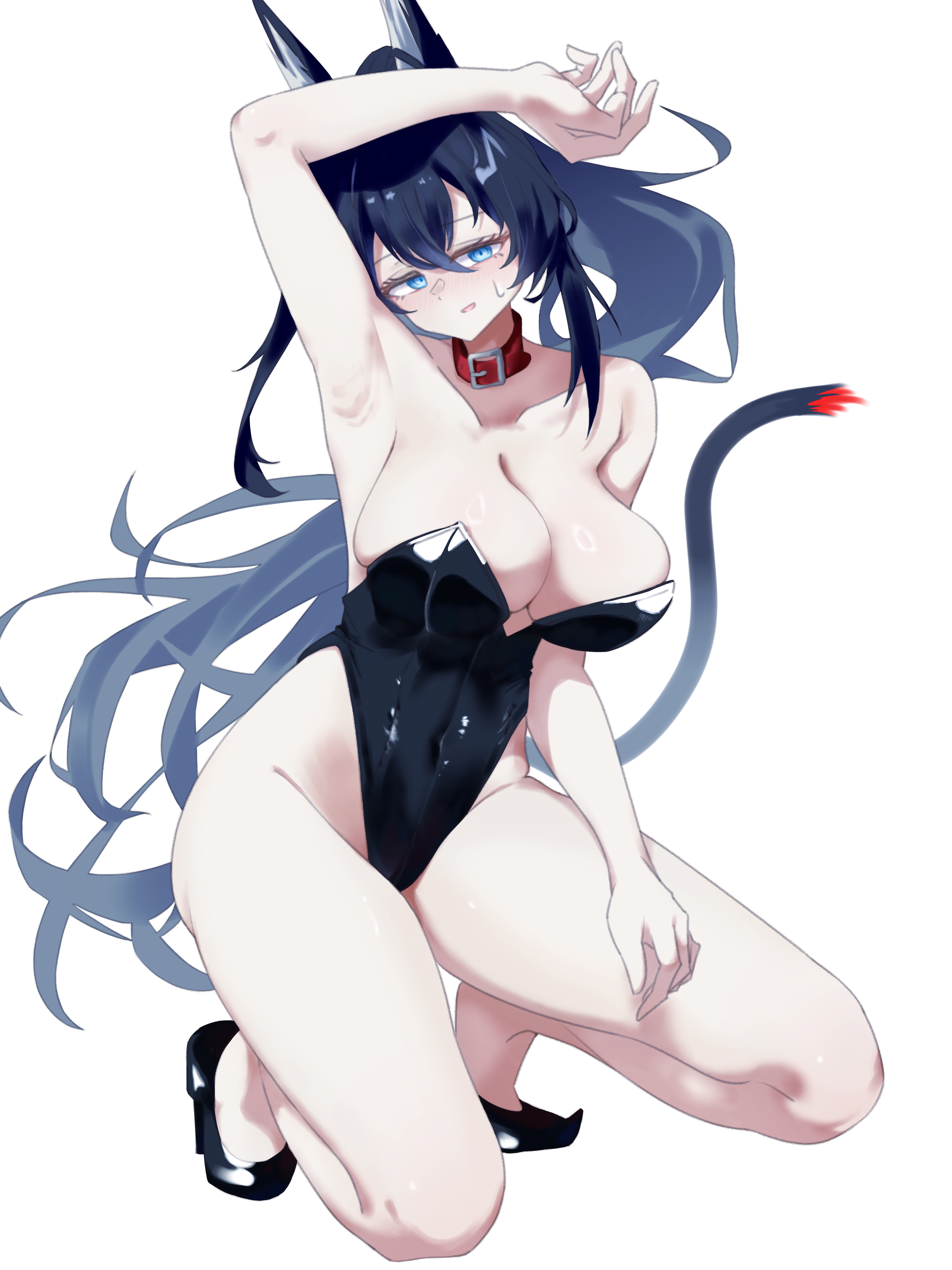 library l1brary (n! koppepan), blaze (arknights), arknights, absurdres, commentary, highres, 1girl, alternate costume, arm over head, arm up, armpits, belt, belt buckle, belt collar, black hair, black leotard, black shoes, black tail, blue eyes, breasts, buckle, cleavage, collar, collarbone, covered navel, full body, groin, hair between eyes, highleg, highleg leotard, kneeling, large breasts, leotard, long hair, looking at viewer, no socks, red belt, red collar, shoes, simple background, solo, strapless, strapless leotard, sweatdrop, tail, tail raised, very long hair, white background