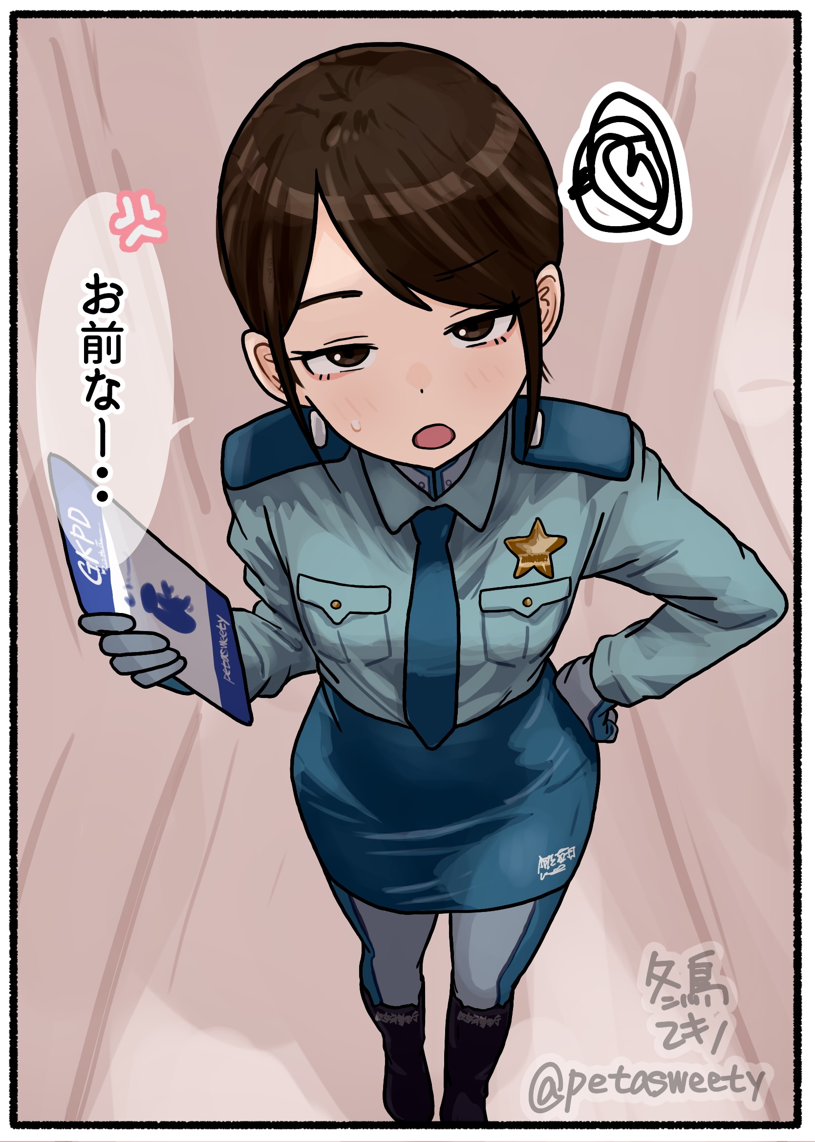 pino sweet, kanzaki ryouko, milky galactic universe, milky subway, highres, translation request, 1girl, anger vein, blue necktie, bodysuit, bodysuit under clothes, boots, bored, breast pocket, breasts, brown eyes, brown hair, foreshortening, from above, gloves, hand on own hip, jitome, long sleeves, looking at viewer, necktie, open mouth, pencil skirt, pocket, police, police badge, police uniform, policewoman, short hair, sidelocks, skirt, small breasts, solo, speech bubble, spoken anger vein, squiggle, swept bangs