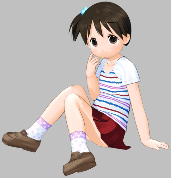 ekkusu kyuuzu, itou chika, ichigo mashimaro, 1girl, 3d, black hair, casual, female focus, hair ornament, raglan sleeves, short hair, skirt, socks, solo