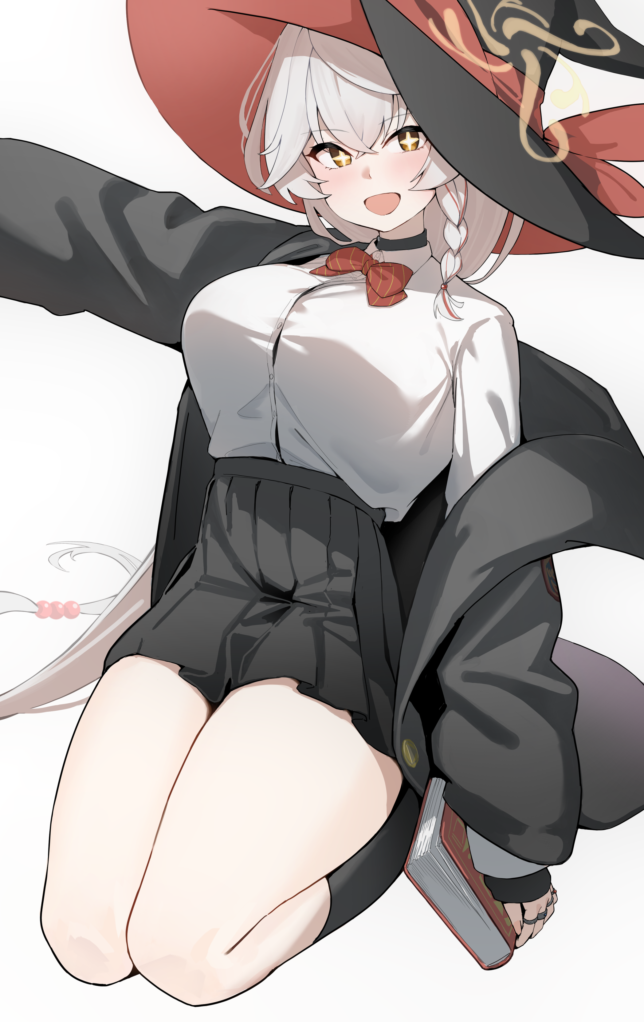 shinroji, eri (blue archive), blue archive, absurdres, commentary request, highres, 1girl, :d, black hat, black jacket, black skirt, blush, braid, breasts, hat, jacket, large breasts, long hair, looking at viewer, open mouth, pleated skirt, shirt, single braid, sitting, skirt, smile, solo, wariza, white hair, white shirt, witch hat