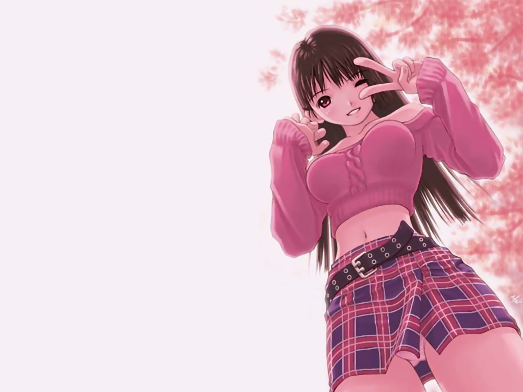kobayashi yuji, 1girl, bare shoulders, belt, blush, brown hair, female focus, from below, long hair, midriff, miniskirt, navel, one eye closed, panties, pantyshot, pink eyes, pink panties, pink theme, plaid clothes, plaid skirt, skirt, solo, standing, sweater, underwear, upskirt, v, wink