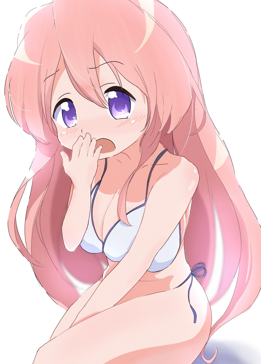 kaede maru55, takara miyuki, lucky star, highres, 1girl, bikini, blush, breast press, breasts, large breasts, long hair, looking at viewer, open mouth, pink hair, purple eyes, shadow, side-tie swimsuit, simple background, sitting, swimsuit, thick thighs, thighs, white background, white bikini